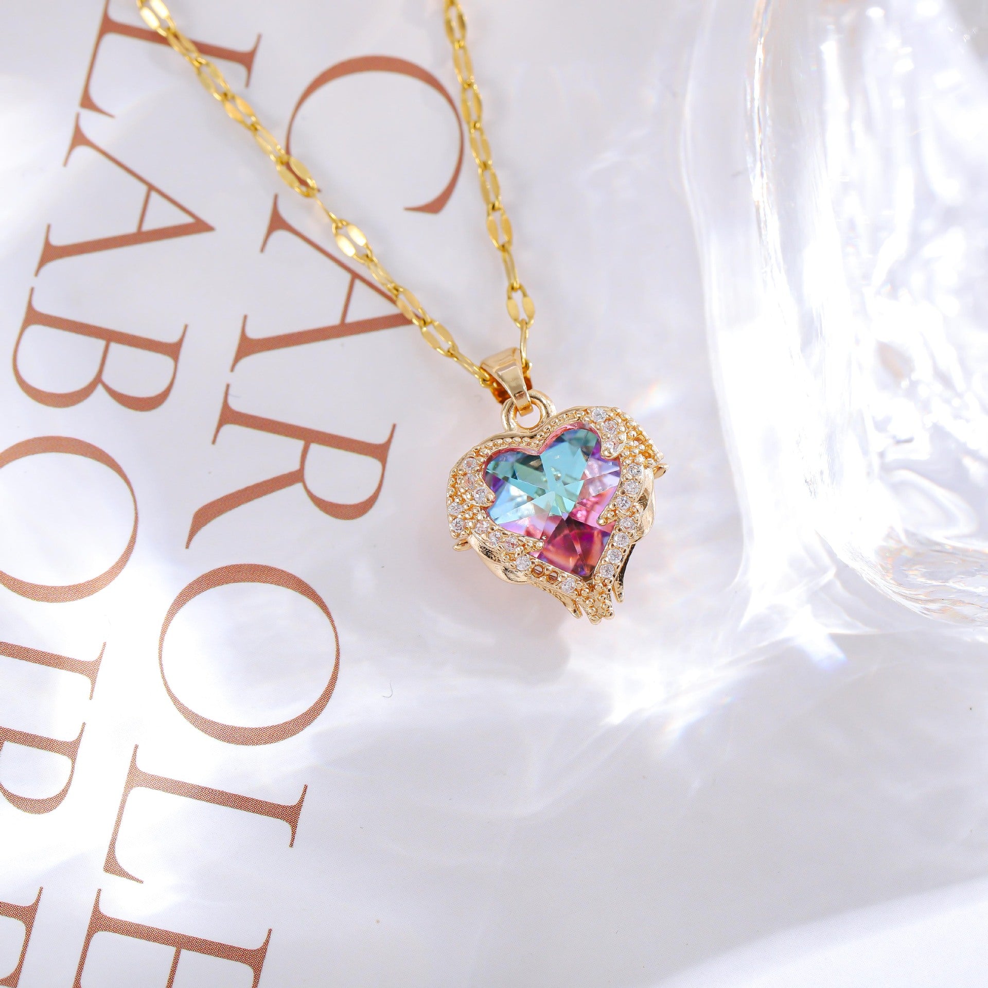 Wholesale titanium steel gold plated silver plated blue crystal ocean heart necklace